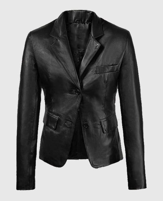Women's 2 Button Black Leather Blazer