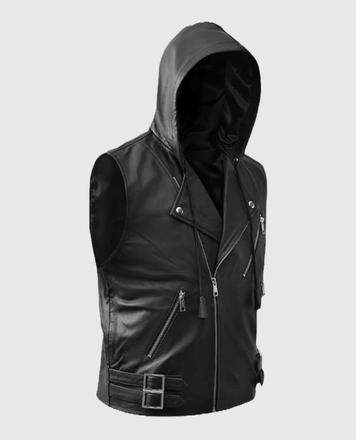 Men’s Black Biker Style Leather Hooded Vest