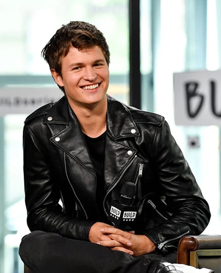 Ansel Elgort Biker Black Leather Jacket