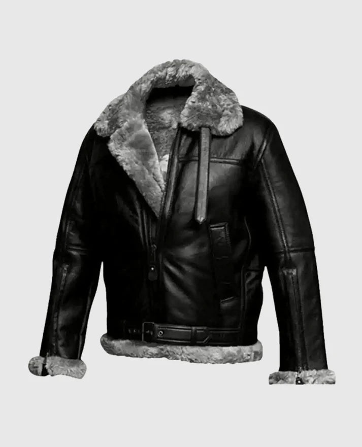 Men's FUR Aviator Flying Pilot Bomber Black Jacket