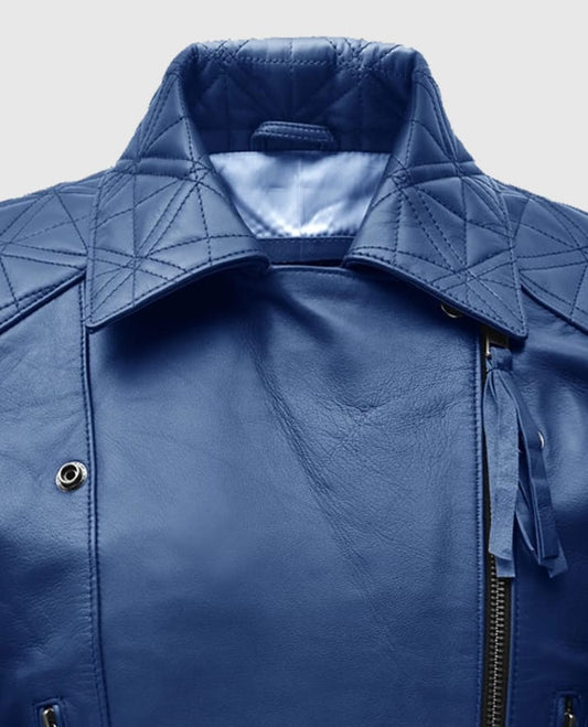 Women's Blue Leather Striped Moto Jacket