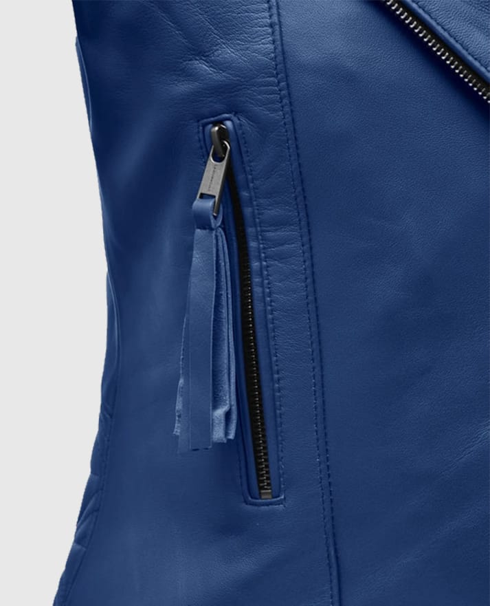 Women's Blue Leather Striped Moto Jacket