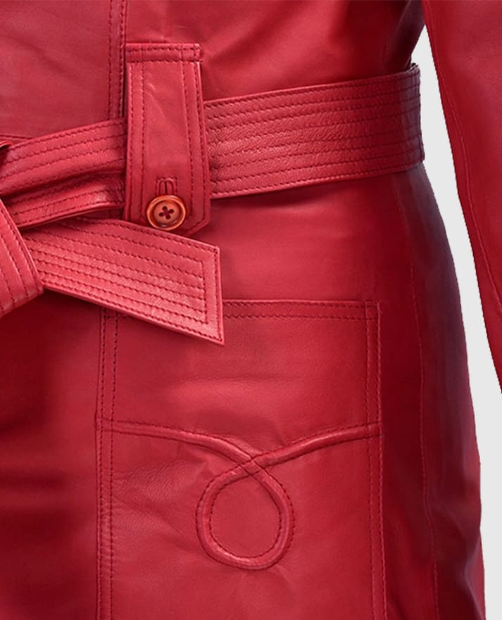 Women's Soft Raspberry Red Rita Ora Leather Long Coat