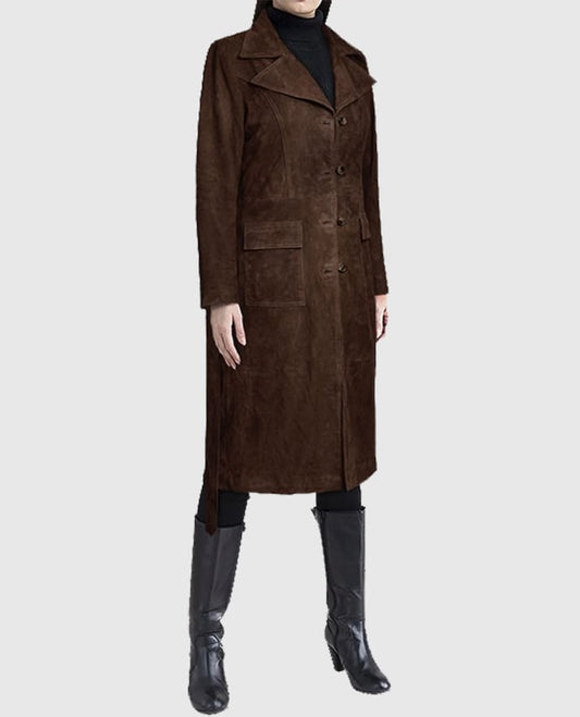 Women's Dark Brown Suede Alpine Leather Long Coat
