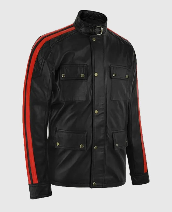 Vin Diesel Black Leather Jacket with Red Stripes