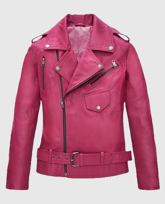 Jessica Alba Pink Leather Biker Jacket