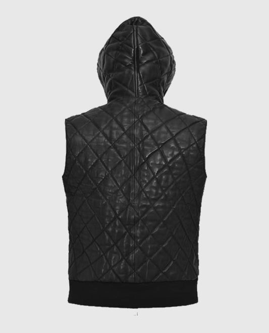 Men’s Black Quilted Hooded Leather Vest