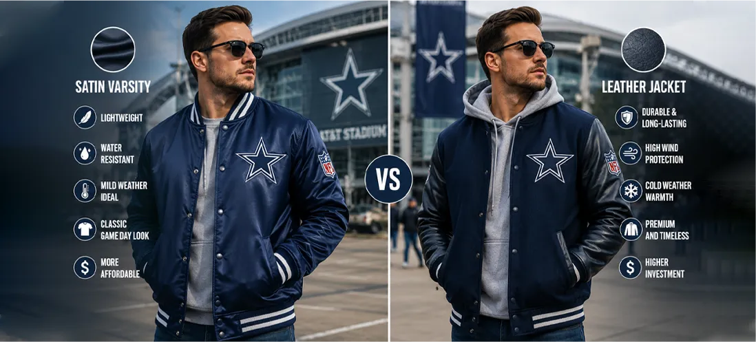 How to Choose Between a Dallas Cowboys Satin Varsity and Leather Jacket