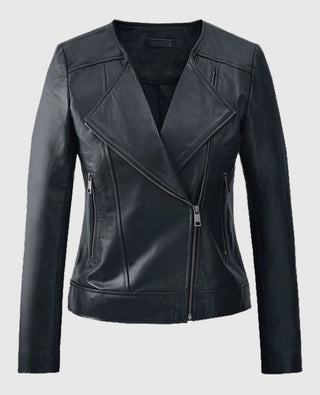 Women's Black Collarless Leather Jacket