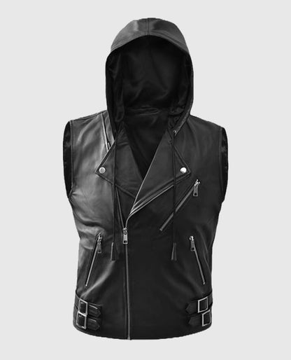 Men’s Black Biker Style Leather Hooded Vest