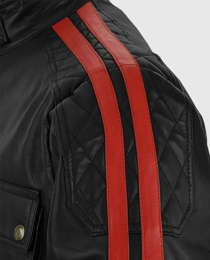 Vin Diesel Black Leather Jacket with Red Stripes
