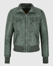 Women's Aviator Grey Bomber Leather Jacket