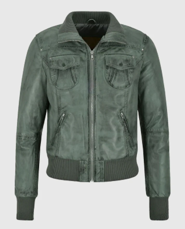 Women's Aviator Grey Bomber Leather Jacket