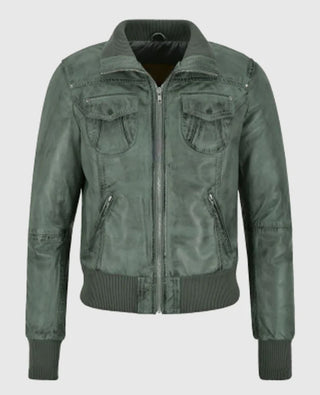 Women's Aviator Grey Bomber Leather Jacket