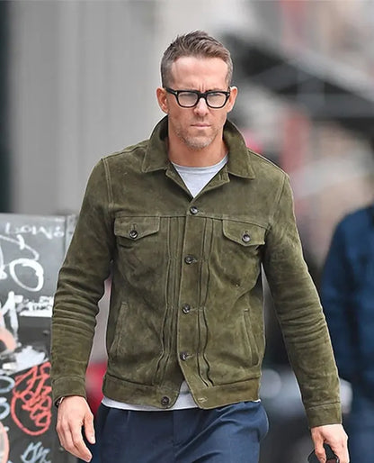 Ryan Reynolds Olive Suede Leather Jacket