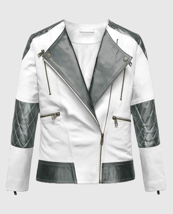 Women's White & Silver Quilted Moto Jacket