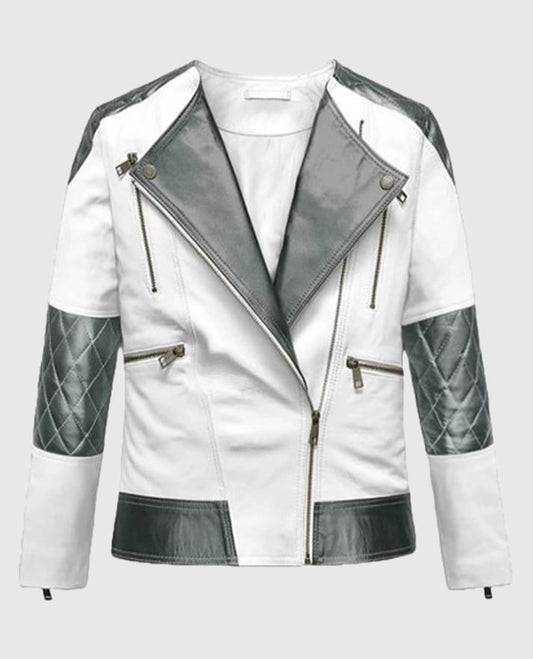 Women's White & Silver Quilted Moto Jacket
