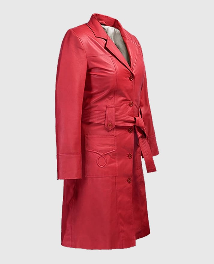 Women's Soft Raspberry Red Rita Ora Leather Long Coat