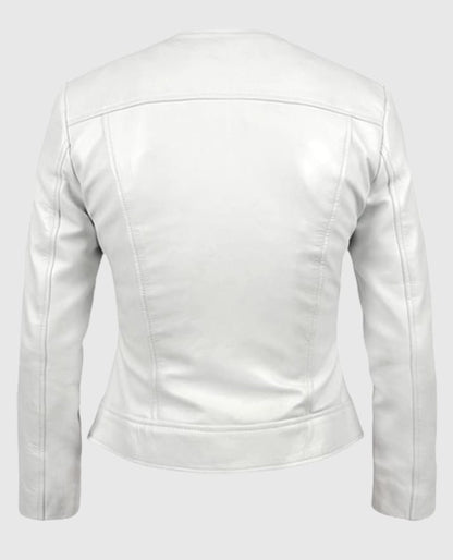 Women's Round Neck White Biker Leather Jacket