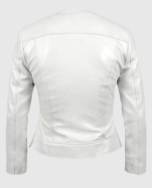 Women's Round Neck White Biker Leather Jacket