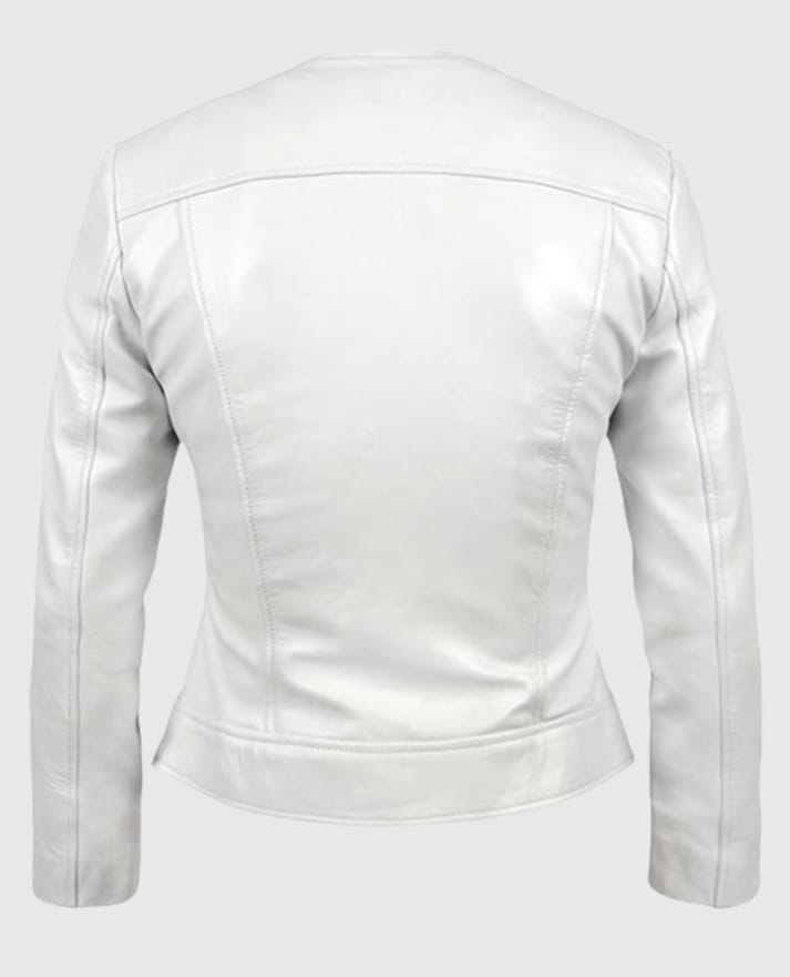 Women's Round Neck White Biker Leather Jacket - second image