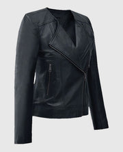 Women's Black Collarless Leather Jacket