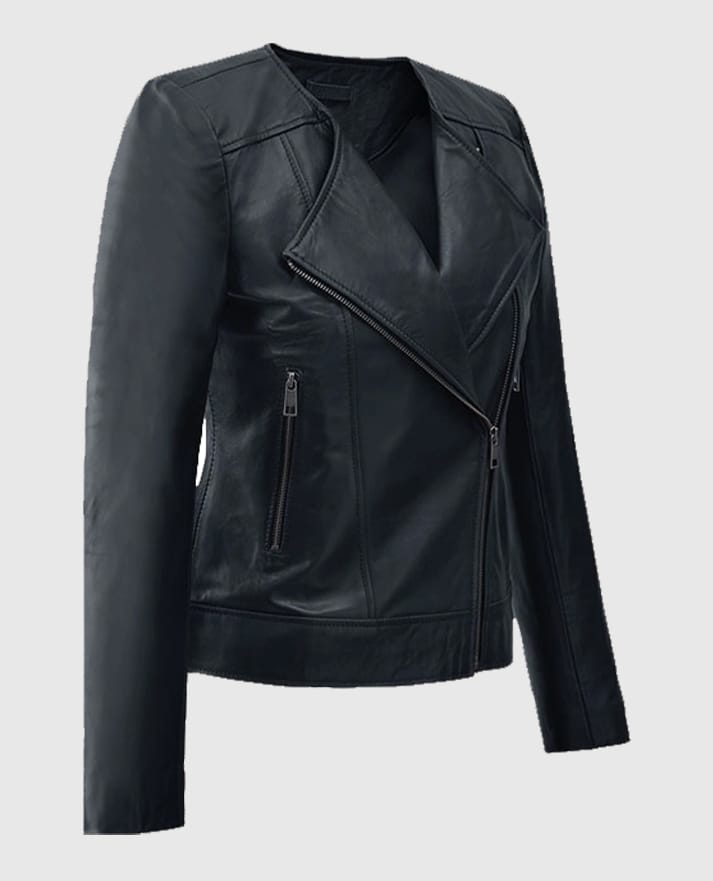 Women's Black Collarless Leather Jacket