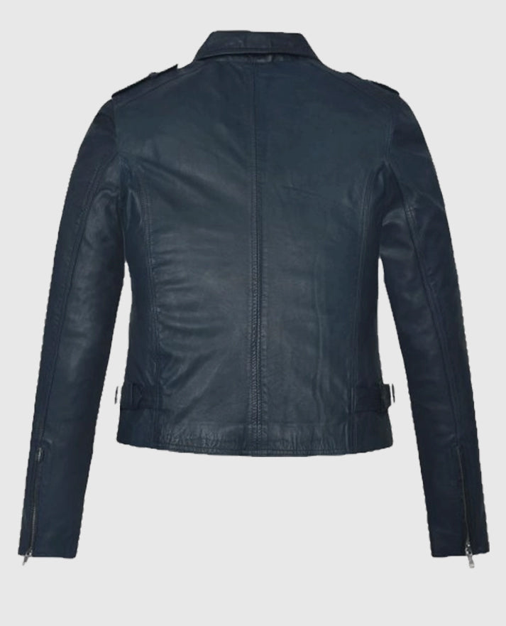 Women's Blue Washed & Wax Biker Leather Jacket - second image