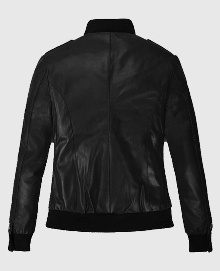 Women's Black Leather Bomber Jacket - second image