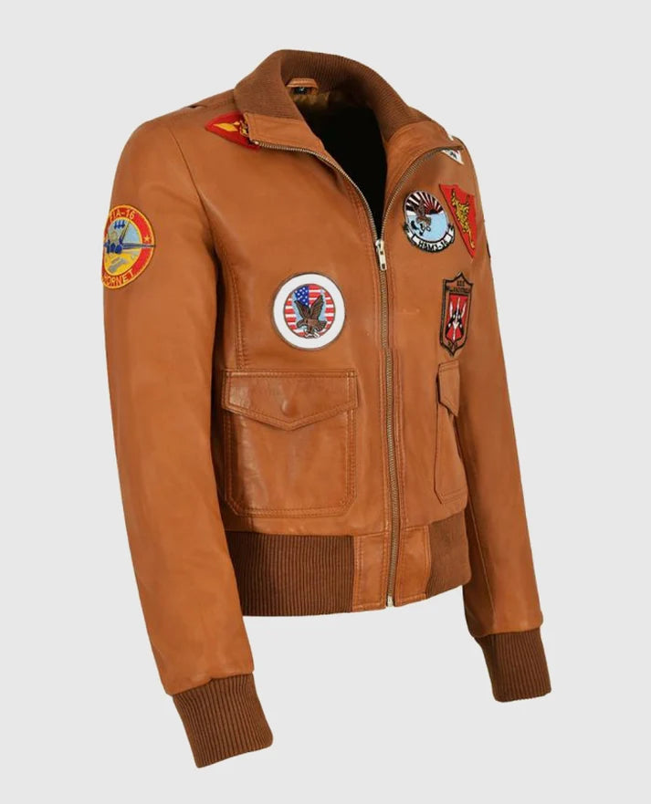 Women's Top Gun Brown Bomber Jacket With Badges