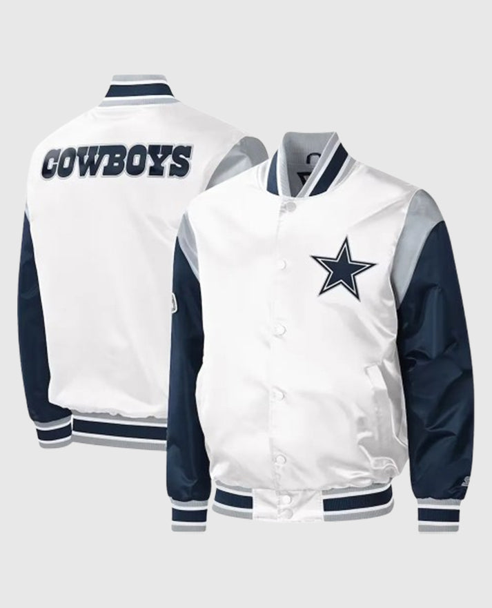 Dallas Cowboys Warm-Up Pitch White and Blue Varsity Satin Jacket