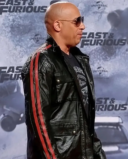 Vin Diesel Black Leather Jacket with Red Stripes