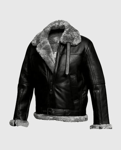 Men's FUR Aviator Flying Pilot Bomber Black Jacket