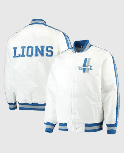 Detroit Lions Throwback D-Line White Satin Jacket