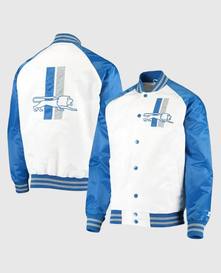 Detroit Lions Clean Up Throwback White/Blue Satin Jacket
