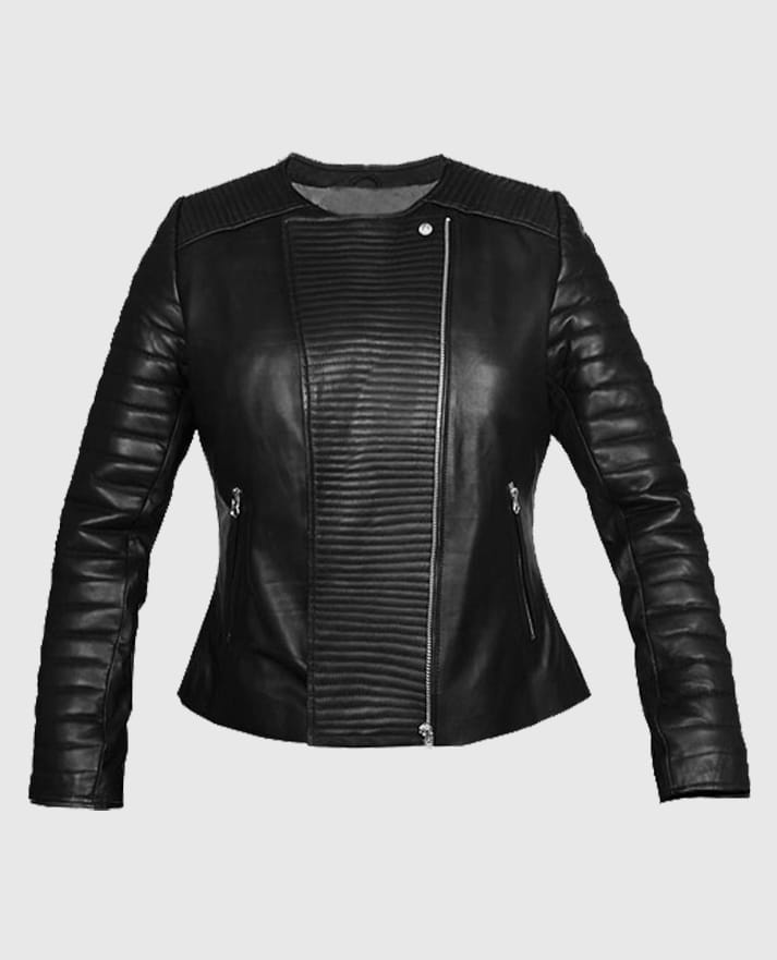 Women's Black Quilted Biker Leather Jacket - second image