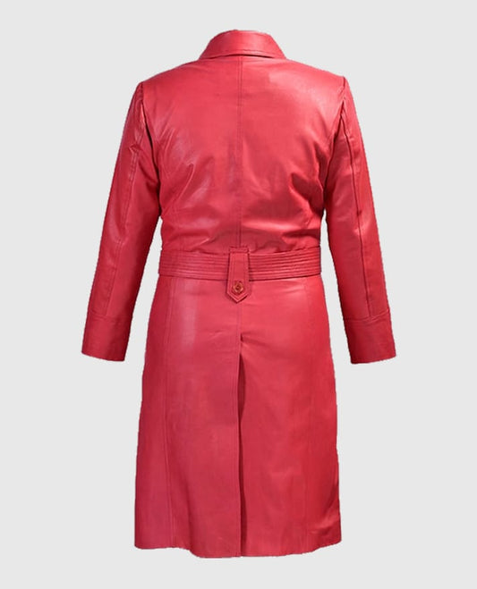 Women's Soft Raspberry Red Rita Ora Leather Long Coat