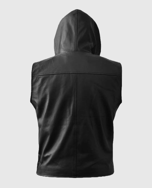 Men’s Black Biker Style Leather Hooded Vest