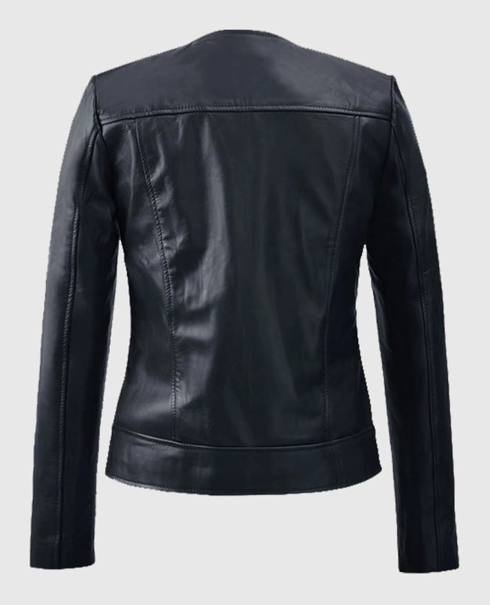 Women's Black Collarless Leather Jacket - second image