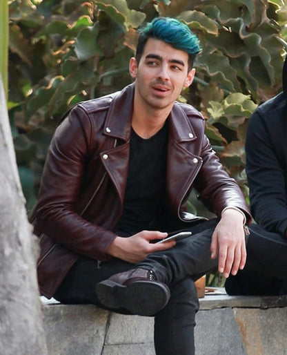 Joe Jonas Maroon Leather Jacket