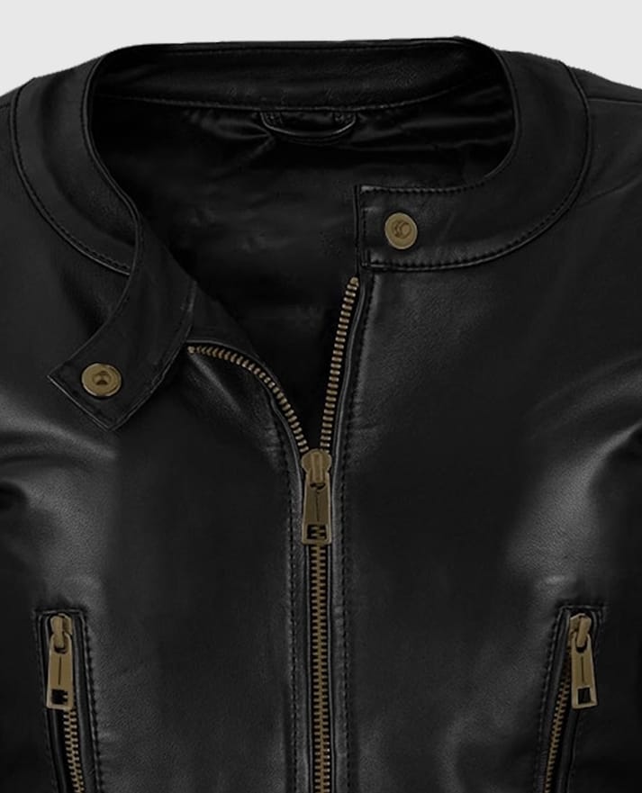 Women's Black Cafe Racer Leather Jacket - second image