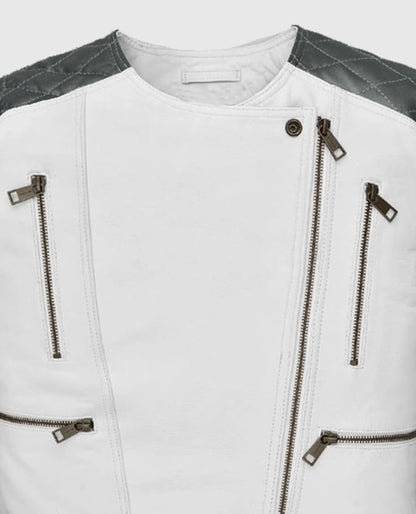 Women's White & Silver Quilted Moto Jacket