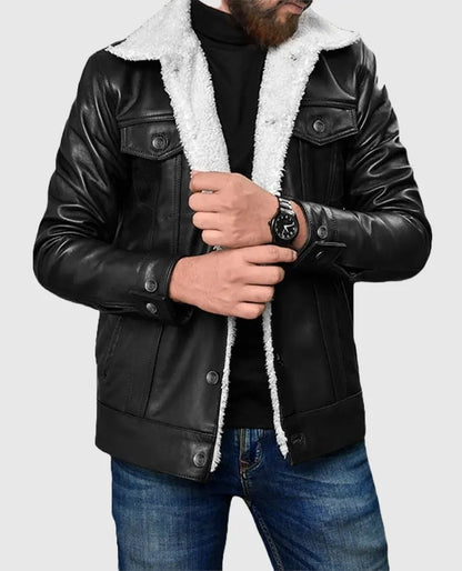 Men’s Black Leather Sherpa Style Jacket
