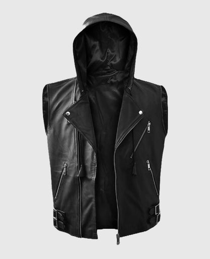Men’s Black Biker Style Leather Hooded Vest