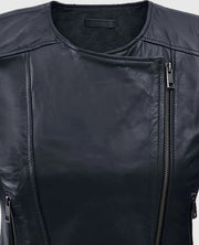 Women's Black Collarless Leather Jacket