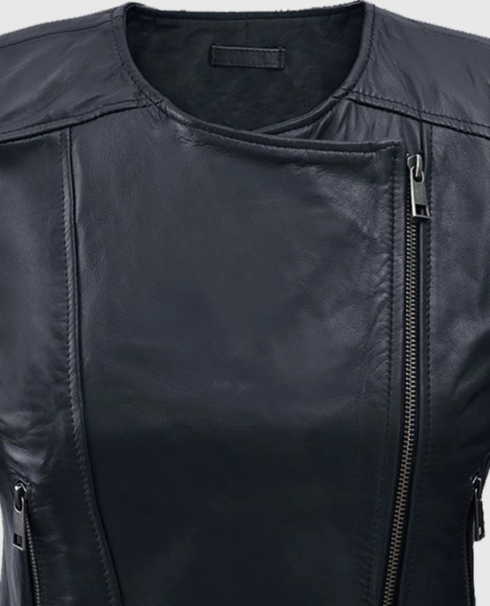 Women's Black Collarless Leather Jacket