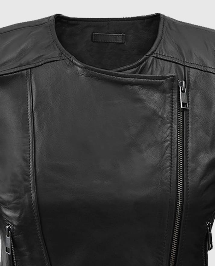 Women's Black Collarless Leather Biker Jacket