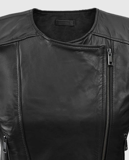 Women's Black Collarless Leather Biker Jacket