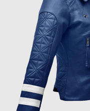 Women's Blue Leather Striped Moto Jacket
