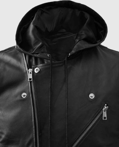 Men’s Black Biker Style Leather Hooded Vest